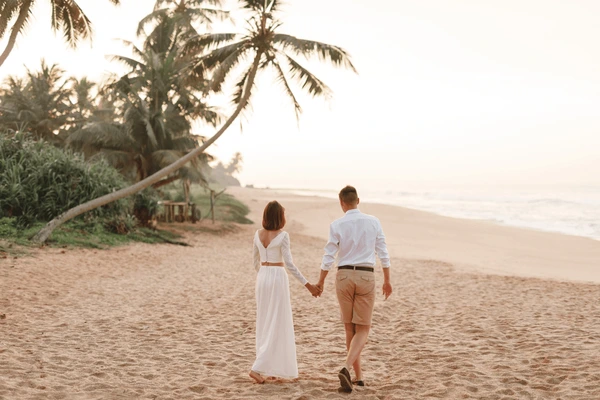 Honeymoon couple on a scenic beach